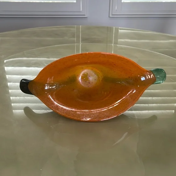 Handmade Blown Glass Vase Candy Bowl Orange Iridescent